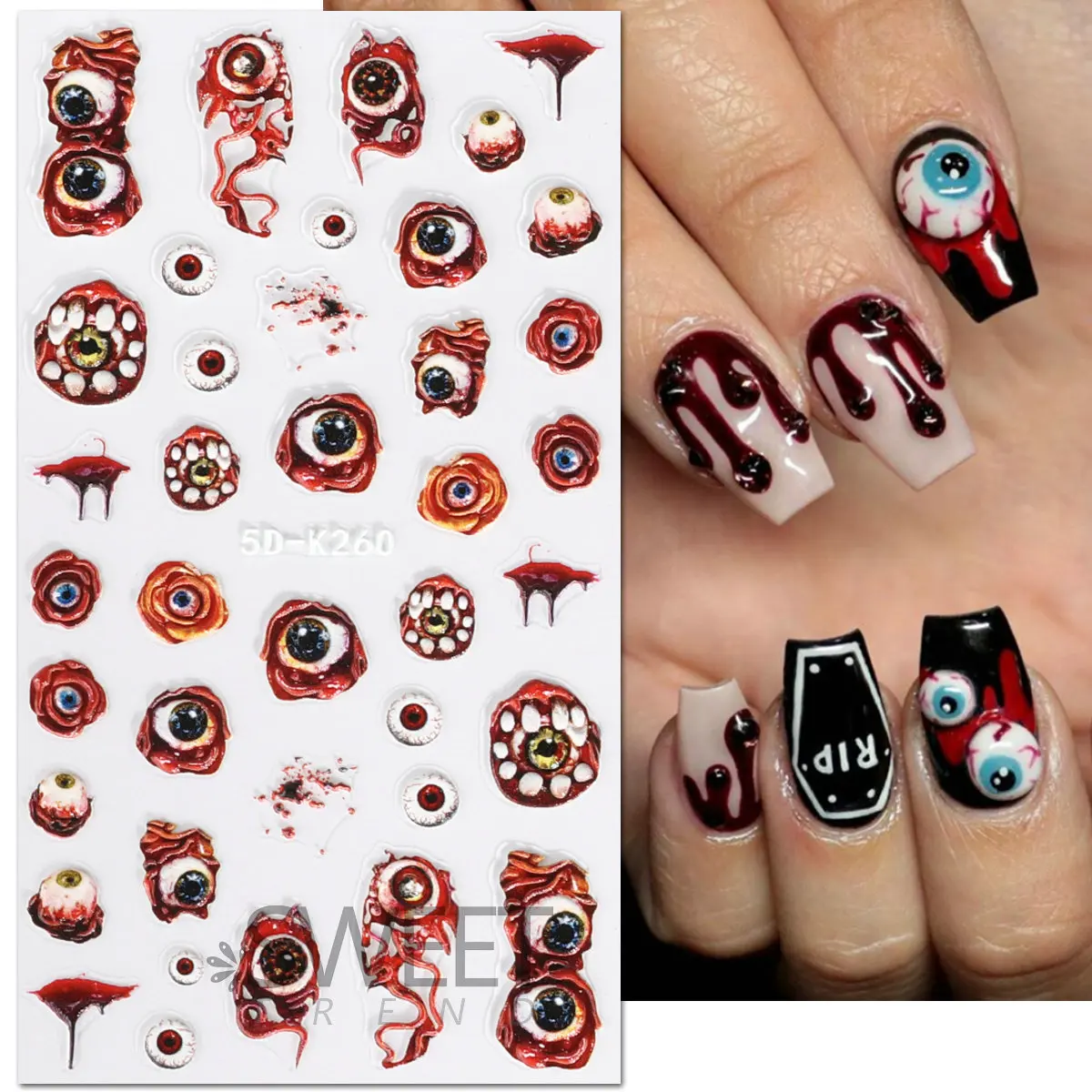 1pcs New Halloween Nail Stickers 5D Black Eye Spider Blood Drop Nail Sticker Adhesive for Women&men Horror DIY Sticker
1pcs New Halloween Nail Stickers 5D Black Eye Spider Blood Drop Nail Sticker Adhesive for Women&men Horror DIY Sticker