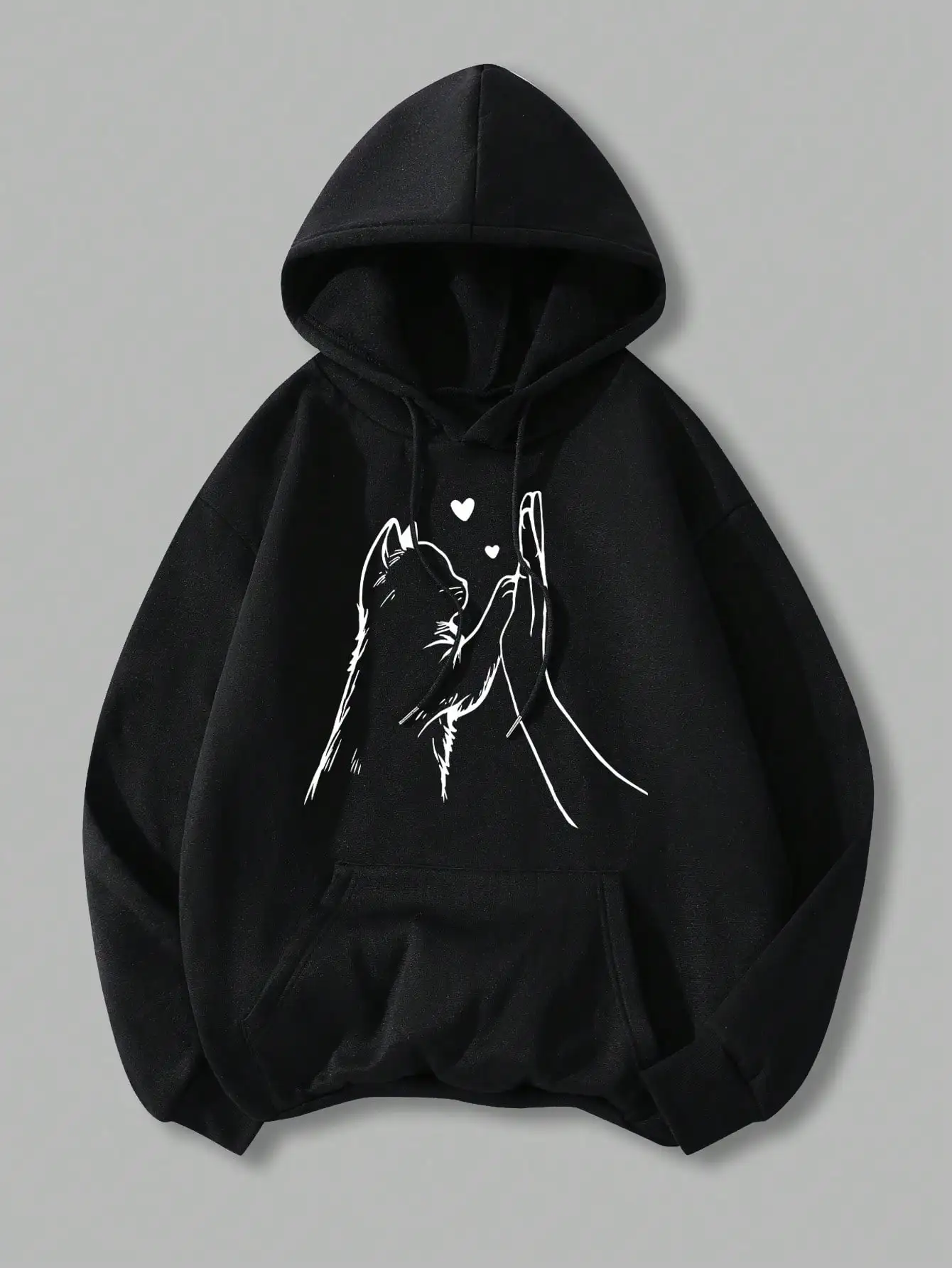 Black Cat & Hands Graphic Hoodie for Women, Loose Fit Fall Pullover with Heart Print
Black Cat & Hands Graphic Hoodie for Women, Loose Fit Fall Pullover with Heart Print
