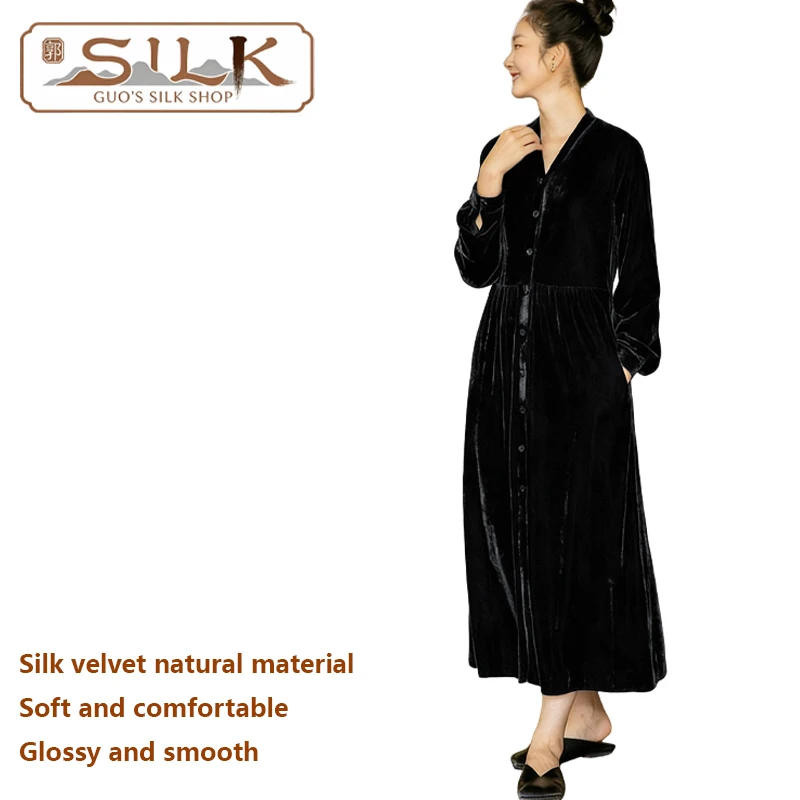 Natural Silk Velvet Women's Dress Long-sleeved V-neck Single-button Long Style Loose Large Size Comfortable Cool and Breathable
Natural Silk Velvet Women's Dress Long-sleeved V-neck Single-button Long Style Loose Large Size Comfortable Cool and Breathable