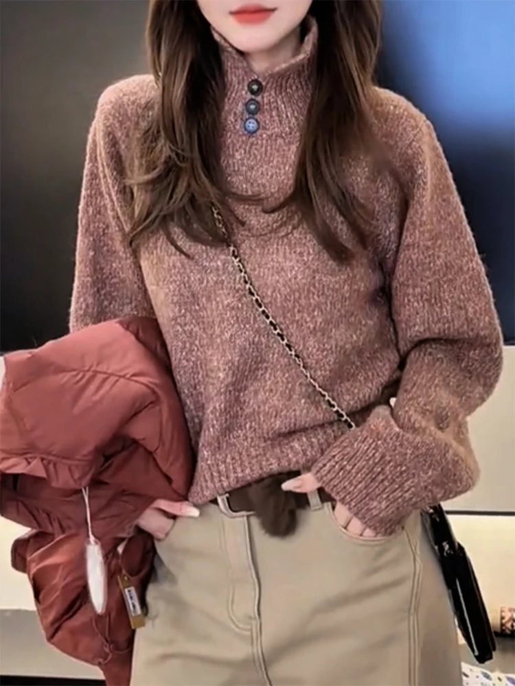 Корейский вязаный свитер с высоким воротником в стиле Lazy Fashion для женщин, теплый, с длинными рукавами, стандартный крой, цвет кашемир.
Корейский вязаный свитер с высоким воротником в стиле Lazy Fashion для женщин, теплый, с длинными рукавами, стандартный крой, цвет кашемир.