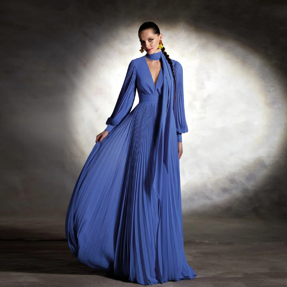 Elegant Chiffon Women Evening Party Dresses Blue V Neck Long Sleeves Muslim Prom Formal Celebrity Gowns Robe De Soiree
Elegant Chiffon Women Evening Party Dresses Blue V Neck Long Sleeves Muslim Prom Formal Celebrity Gowns Robe De Soiree