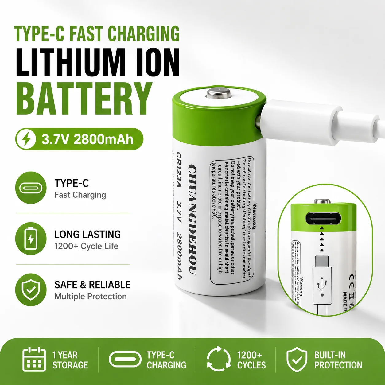 16340 CR123A 3.7V USB C Rechargeable Li-ion Battery 2800mAh for Flashlight Laser Pen Toy Camera
16340 CR123A 3.7V USB C Rechargeable Li-ion Battery 2800mAh for Flashlight Laser Pen Toy Camera