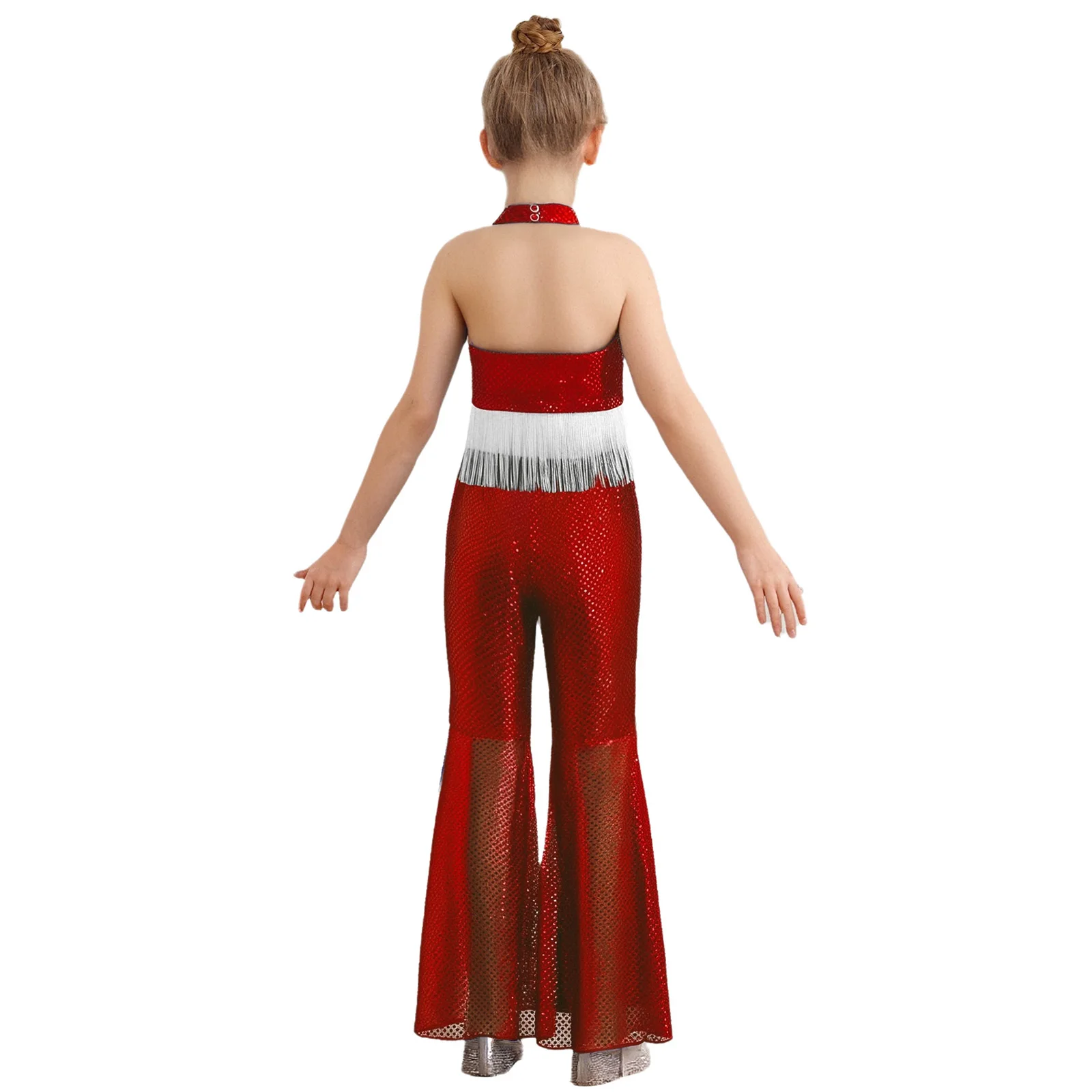 Kids Girls Jazz Dance Costume Sparkling Sequins Halter Sleeveless Backless Crop Top with Bell-Bottom Pants for Ballet Dance Show
Kids Girls Jazz Dance Costume Sparkling Sequins Halter Sleeveless Backless Crop Top with Bell-Bottom Pants for Ballet Dance Show