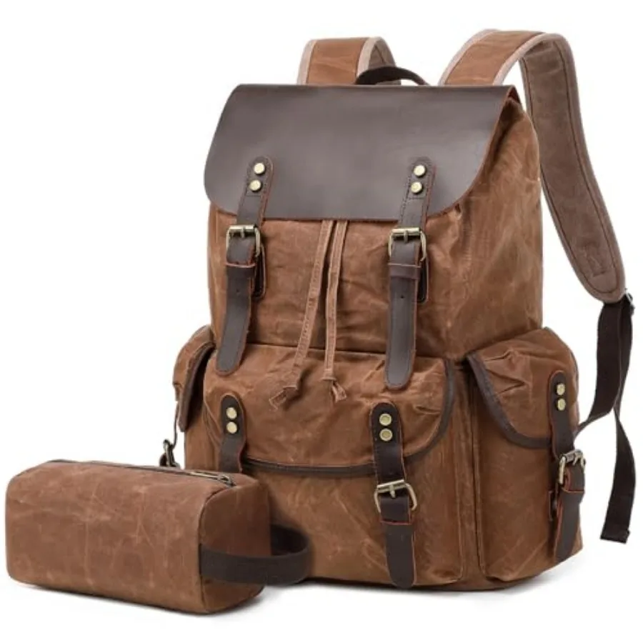 Wogarl Vintage Leather Canvas Backpack, Waxed Canvas Shoulder Rucksack with Toiletry Shoulder Rucksack for Traveling, Camping,
Wogarl Vintage Leather Canvas Backpack, Waxed Canvas Shoulder Rucksack with Toiletry Shoulder Rucksack for Traveling, Camping,