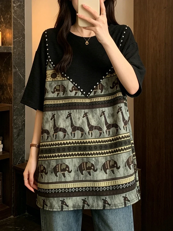 plus Size Summer T-Shirt Women's New Design Diamond Embellished Loose Slimming Short Sleeve Printed Top Trendy Commute Style
plus Size Summer T-Shirt Women's New Design Diamond Embellished Loose Slimming Short Sleeve Printed Top Trendy Commute Style