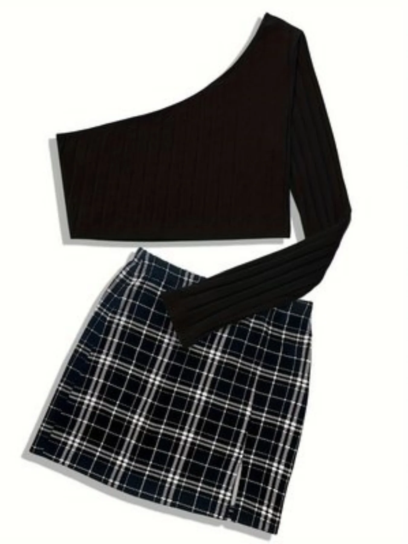 Women Black One Shoulder Single Long Sleeve Ribbed Cropped Top & Navy White Plaid High Waist Split Mini Skirt 2 Piece Outfit Sli
Women Black One Shoulder Single Long Sleeve Ribbed Cropped Top & Navy White Plaid High Waist Split Mini Skirt 2 Piece Outfit Sli