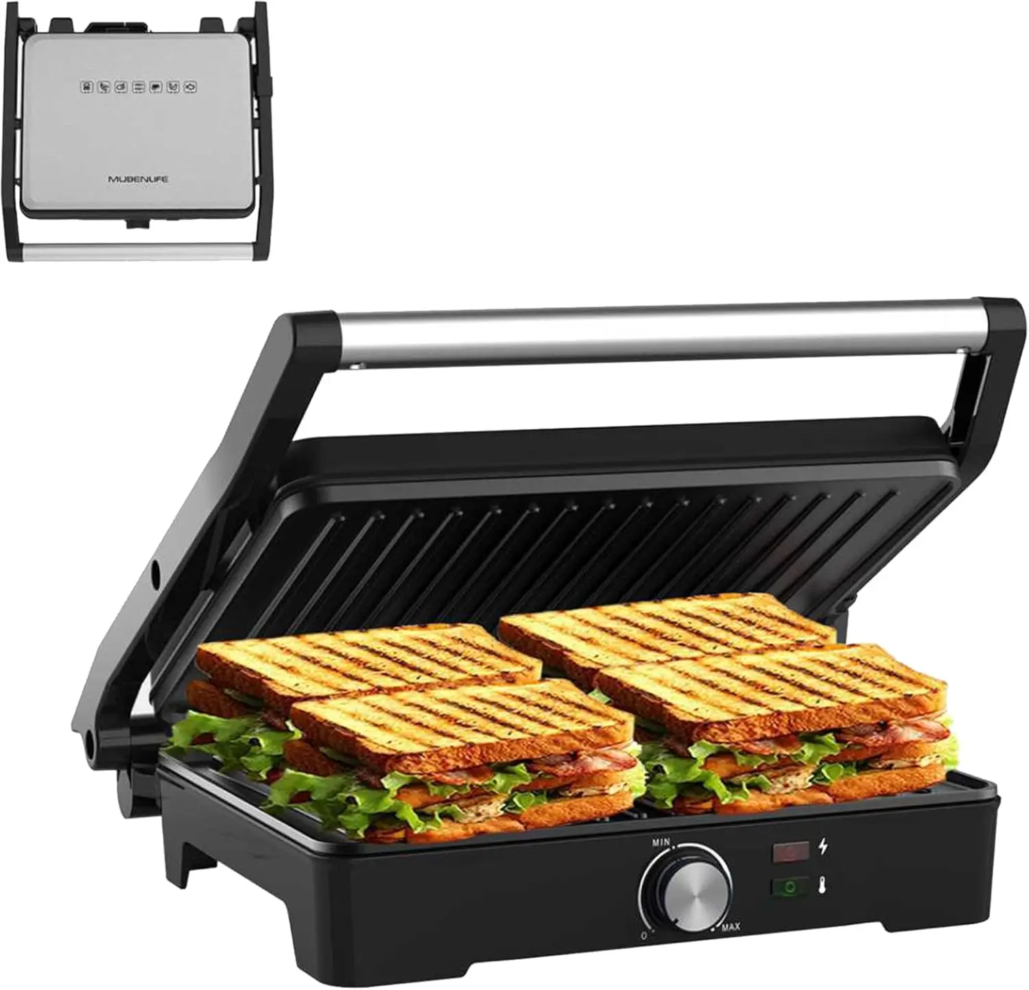 Panini Press Grill, 180° Open, Non-Stick, Temp Control, 4 Slice, Stainless Steel
Panini Press Grill, 180° Open, Non-Stick, Temp Control, 4 Slice, Stainless Steel