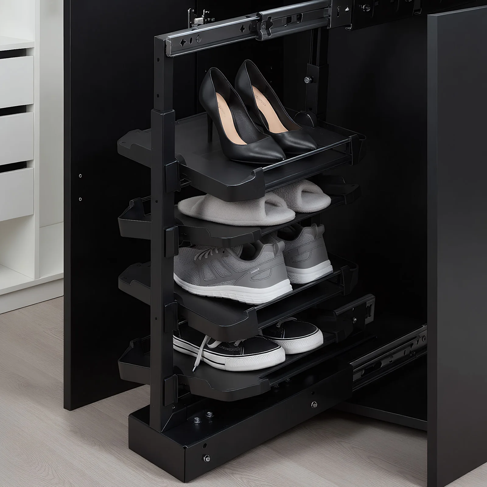 4 Tier Pull-Out Shoe Storage Organizer Adjustable Height Retractable Shoe Storage Rack for Small Bedroom Closet
4 Tier Pull-Out Shoe Storage Organizer Adjustable Height Retractable Shoe Storage Rack for Small Bedroom Closet