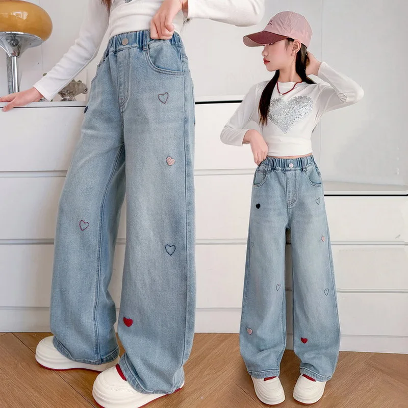 Children Loose Straight Jeans with Heart Embroidery for Teenage Girls Casual Denim Pants Kids Spring Autumn Elegant Trousers
Children Loose Straight Jeans with Heart Embroidery for Teenage Girls Casual Denim Pants Kids Spring Autumn Elegant Trousers