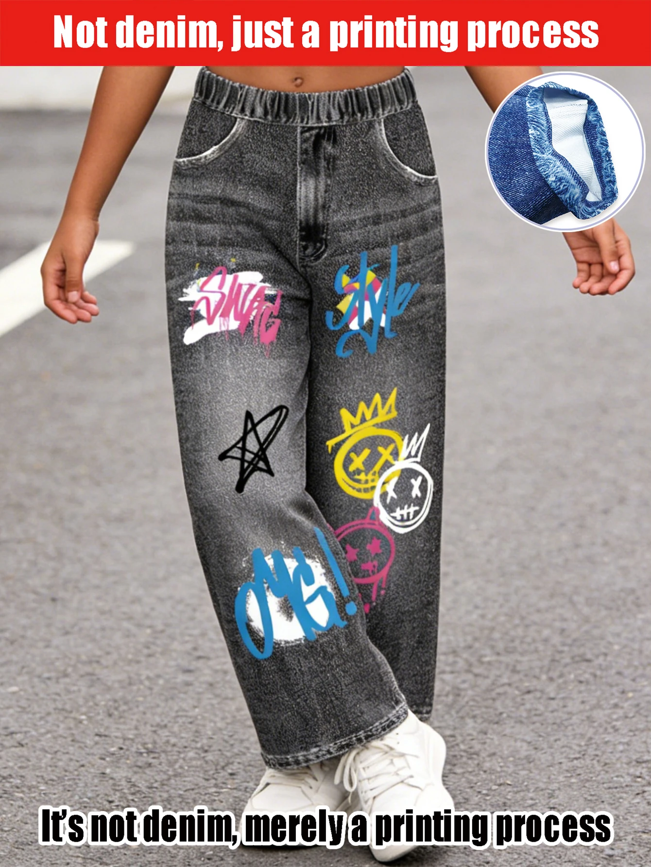2026 children's color graffiti text cartoon black gray simulation denim straight-leg pants
2026 children's color graffiti text cartoon black gray simulation denim straight-leg pants