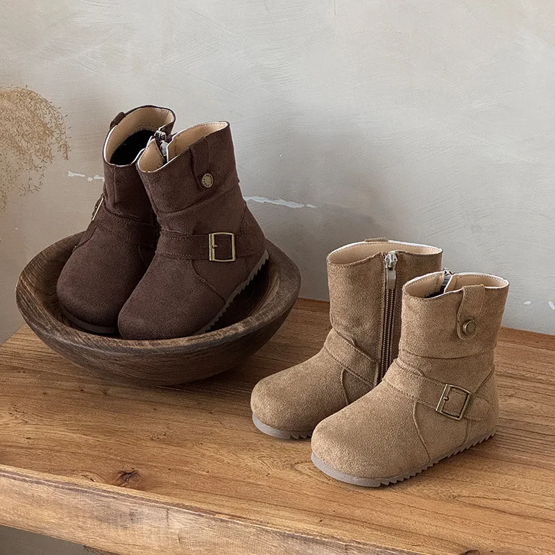 Детские ботинки в стиле ретро, зимняя новая бархатная теплая плюшевая обувь до щиколотки для девочек, размер 23–34 на плоской подошве