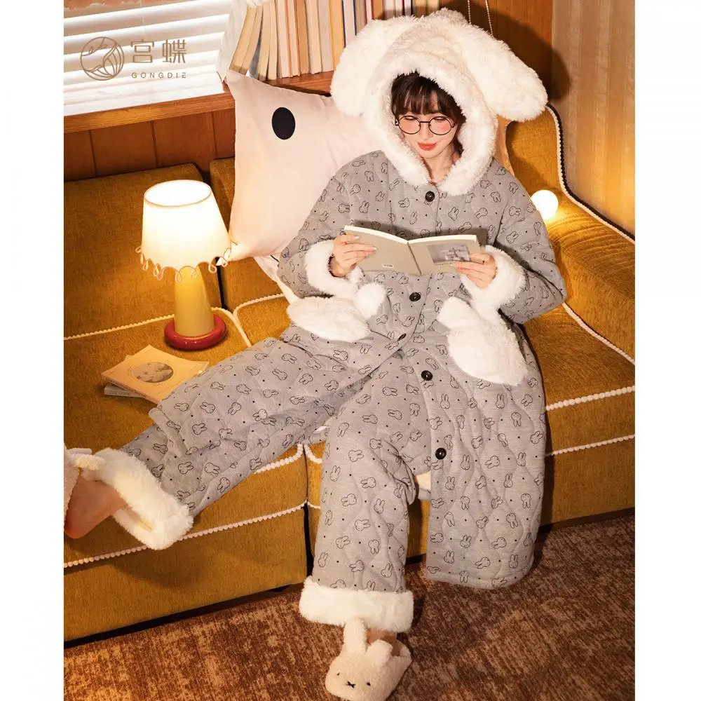 Gray Fluffy Miffy Hooded Pajamas Set With Bunny Pattern Fur Trim Warm Sleepwear For Women Cute Cartoon Loungewear Winter Wear
Gray Fluffy Miffy Hooded Pajamas Set With Bunny Pattern Fur Trim Warm Sleepwear For Women Cute Cartoon Loungewear Winter Wear