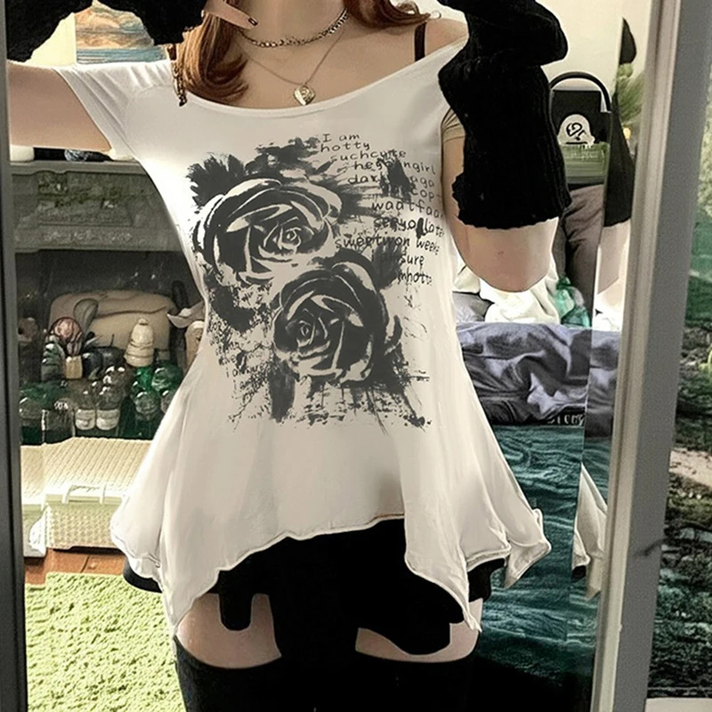 SUCHCUTE Vintage Rose Print Irregular Hem T-Shirts Off Shoulder Short sleeve Top Y2k Aesthetics 2000s Tees Summer Harajuku Tops
SUCHCUTE Vintage Rose Print Irregular Hem T-Shirts Off Shoulder Short sleeve Top Y2k Aesthetics 2000s Tees Summer Harajuku Tops