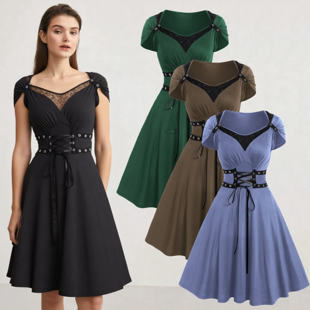 New Gothic Dress For Women Solid Color Grommet Lace Up Lace Panel High Waisted Dress Surplice A Line Mini Dresses Vestidos
New Gothic Dress For Women Solid Color Grommet Lace Up Lace Panel High Waisted Dress Surplice A Line Mini Dresses Vestidos