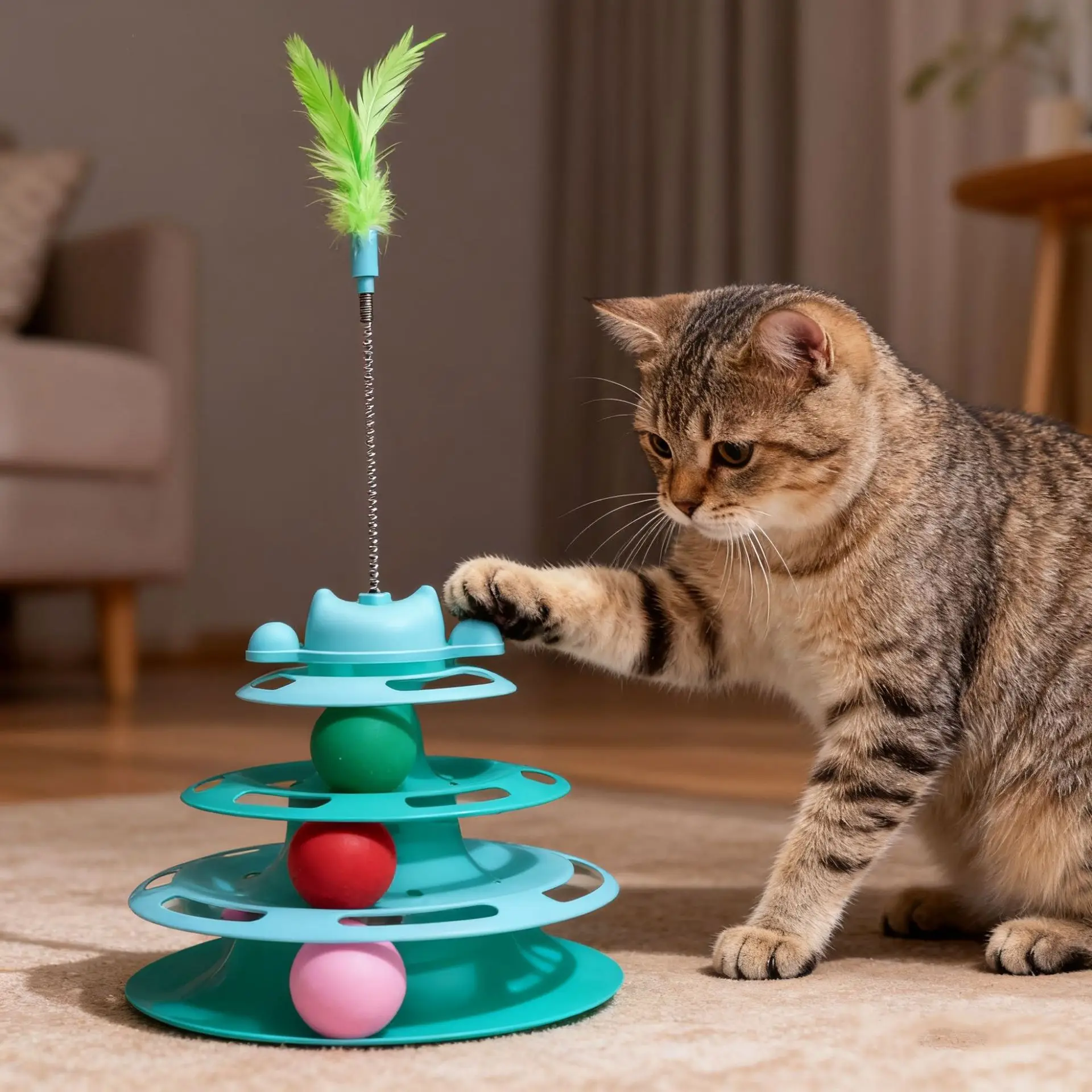 4-Tier Cat Tower Toy with Track Ball Removable Feather Wand Interactive Pet Toy for Cats Self-Play
4-Tier Cat Tower Toy with Track Ball Removable Feather Wand Interactive Pet Toy for Cats Self-Play