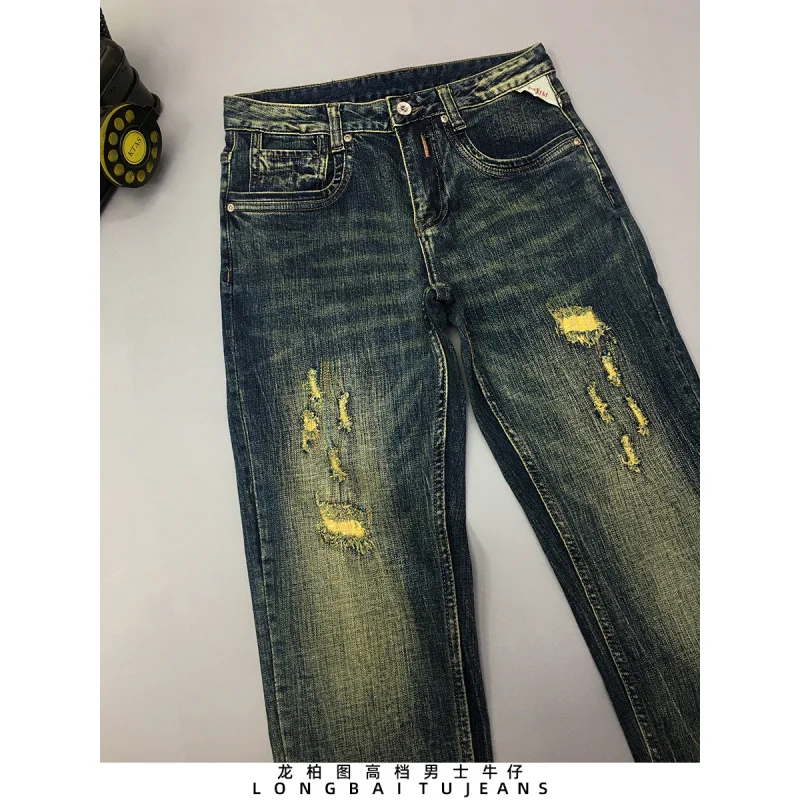 Retro ripped jeans for men, trendy and versatile, slim fit, small straight tube, scraped patch, American style distressed pants
Retro ripped jeans for men, trendy and versatile, slim fit, small straight tube, scraped patch, American style distressed pants
