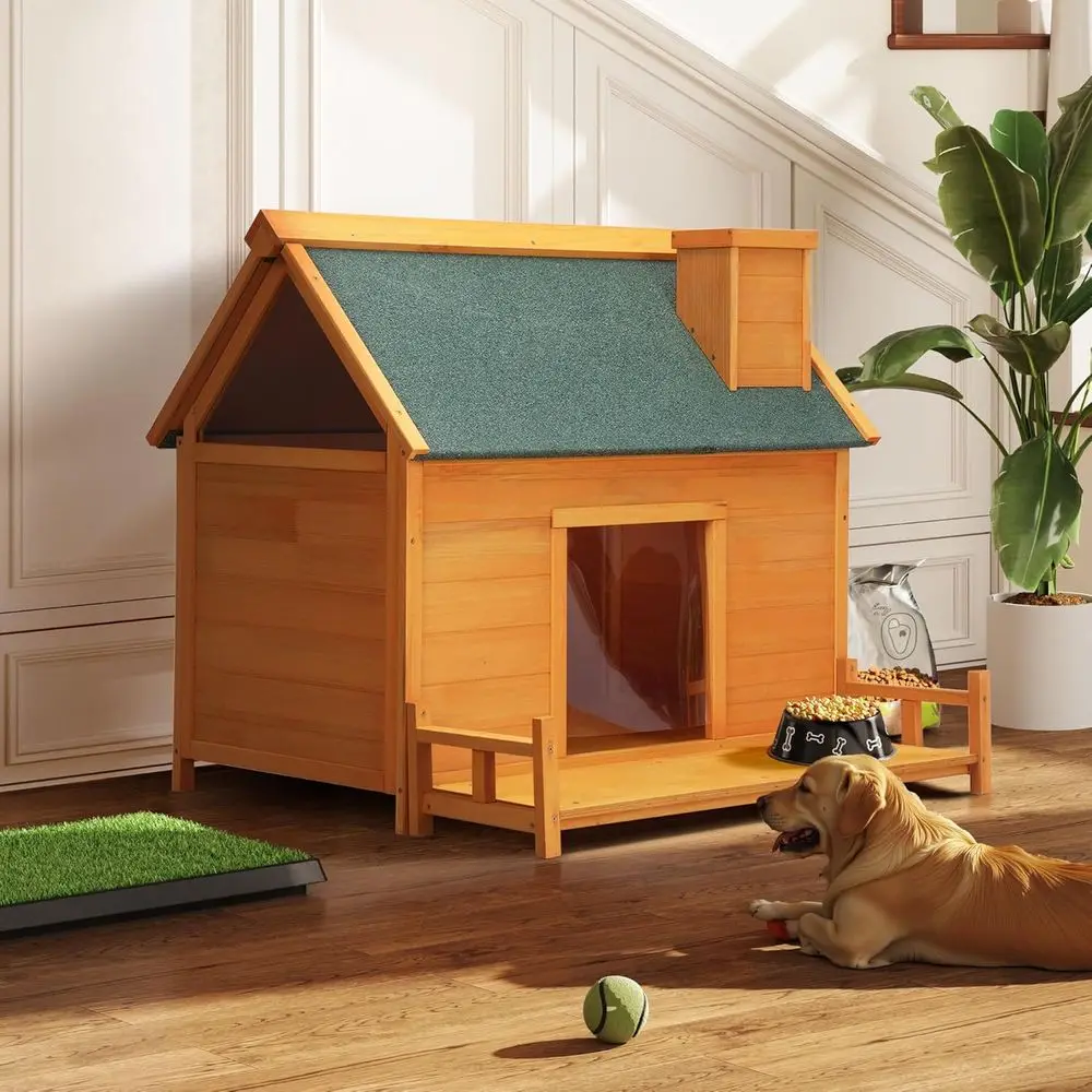 Wooden Dog House, Indoor Outdoor Pet Shelter with Platform, PVC Curtain, Door, Asphalt Roof, Pet House for Small to Medium Sized Dogs
Wooden Dog House, Indoor Outdoor Pet Shelter with Platform, PVC Curtain, Door, Asphalt Roof, Pet House for Small to Medium Sized Dogs