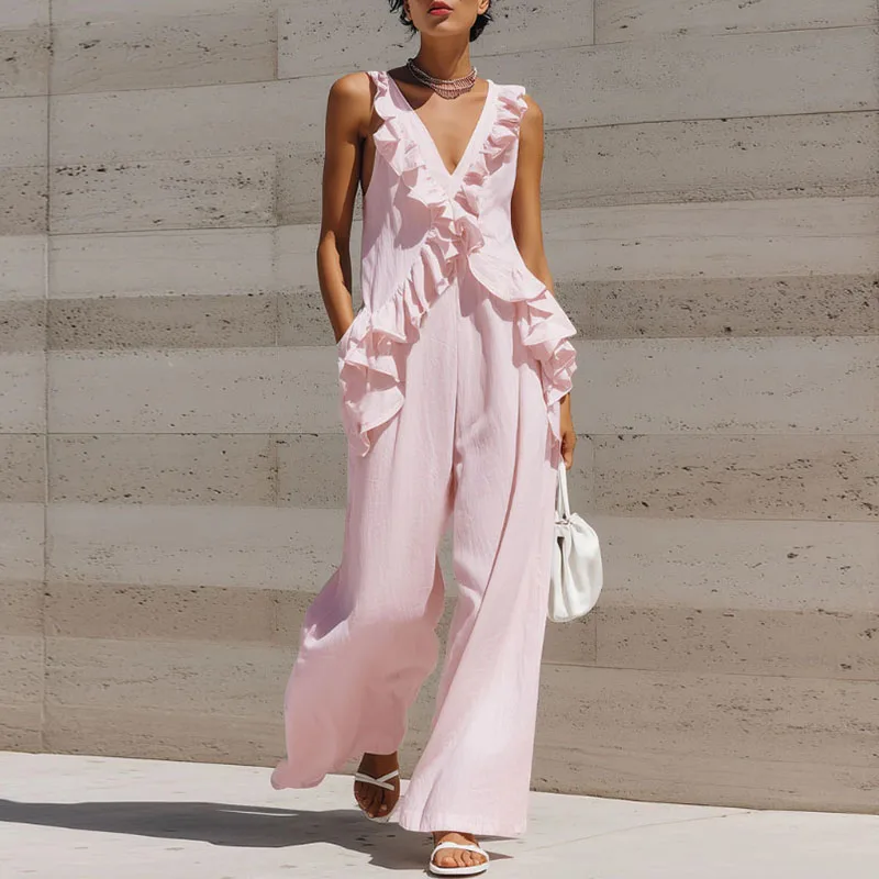 Elegant V Neck Ruffled Vacation Jumpsuit Sleeveless Wide Leg Pant Casual Long Romper Women Fashion Pocket Solid Loose Playsuits
Elegant V Neck Ruffled Vacation Jumpsuit Sleeveless Wide Leg Pant Casual Long Romper Women Fashion Pocket Solid Loose Playsuits