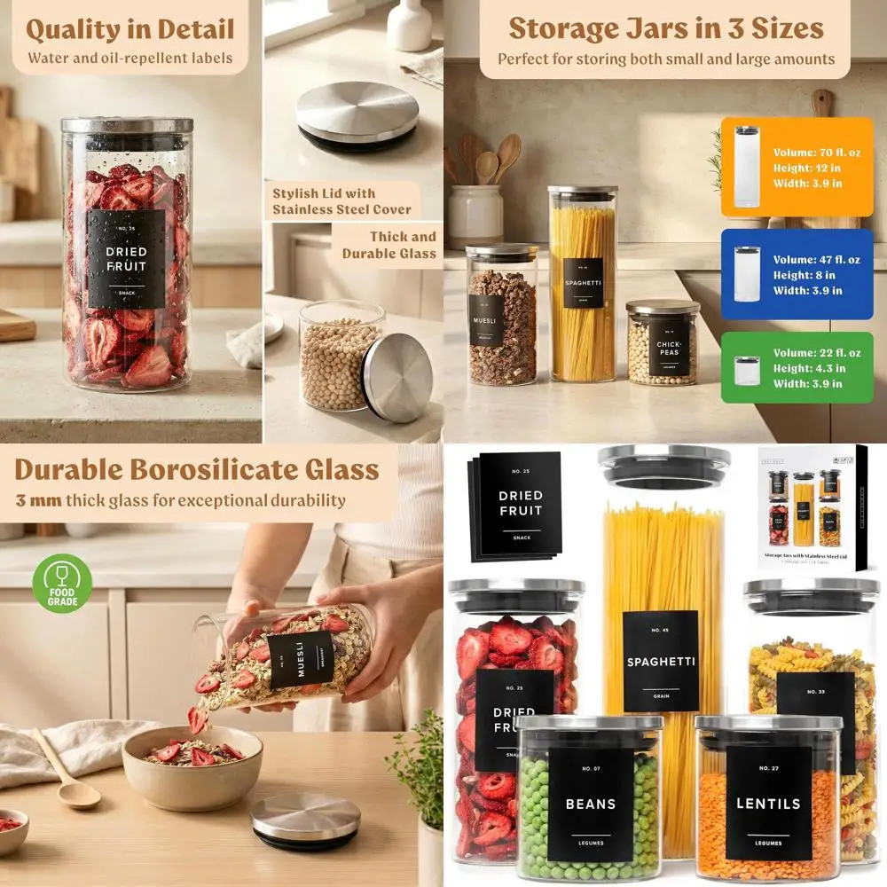 Набор из 5 круглых контейнеров для хранения из толстого стекла с крышками из нержавеющей стали, 54 этикетки, для необходимых вещей в кладовой
Набор из 5 круглых контейнеров для хранения из толстого стекла с крышками из нержавеющей стали, 54 этикетки, для необходимых вещей в кладовой