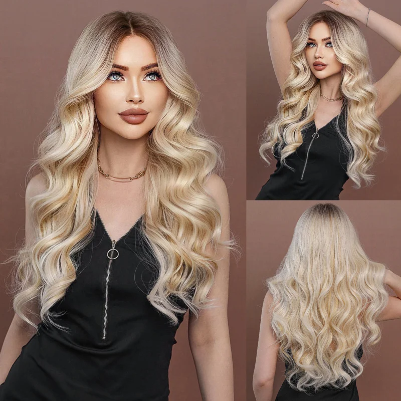 European and American style middle-parted blonde wavy long synthetic hair wig with small T lace
European and American style middle-parted blonde wavy long synthetic hair wig with small T lace
