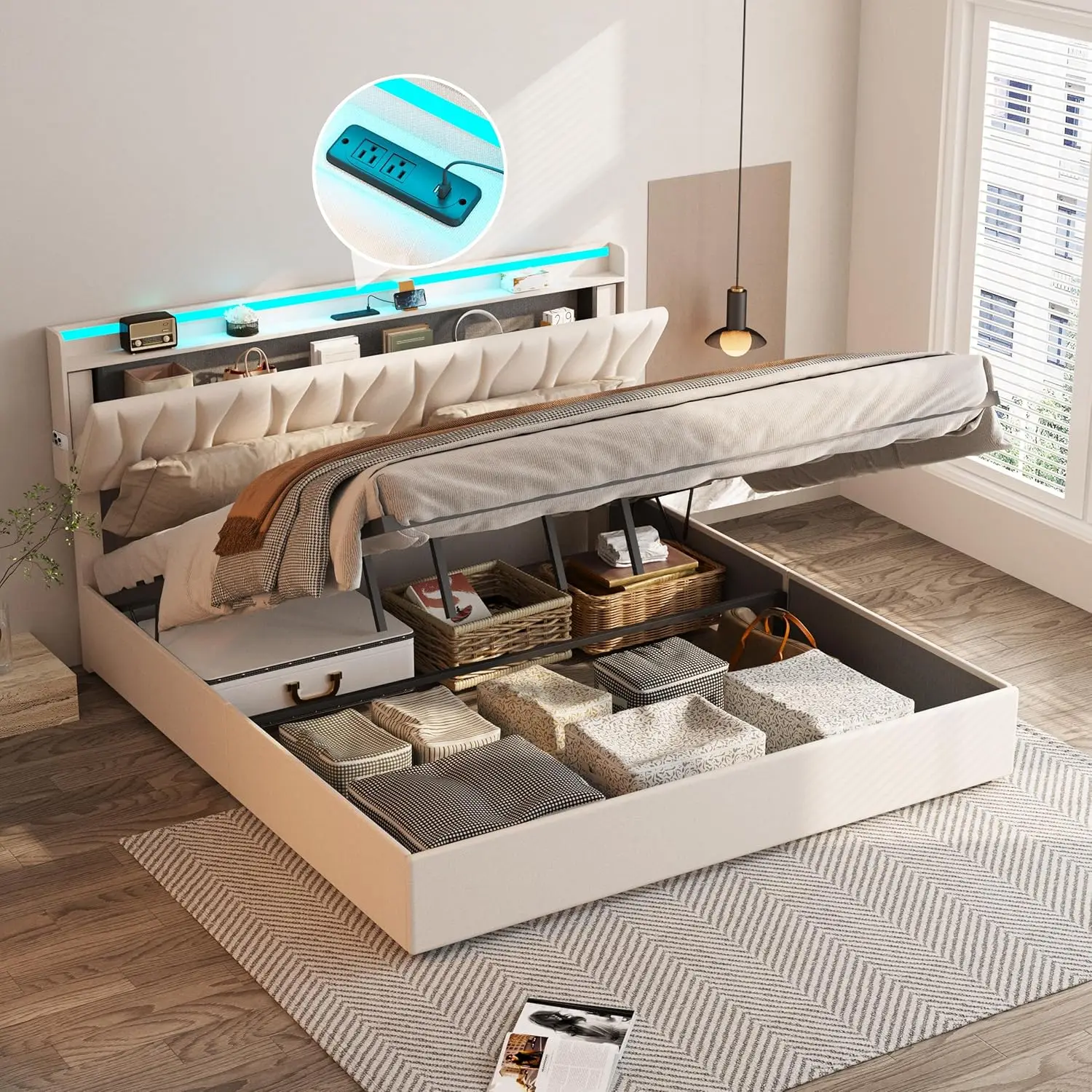 Extra-large lifting storage bed frame, height adjustable storage headboard with charging station, LED light cushion
Extra-large lifting storage bed frame, height adjustable storage headboard with charging station, LED light cushion