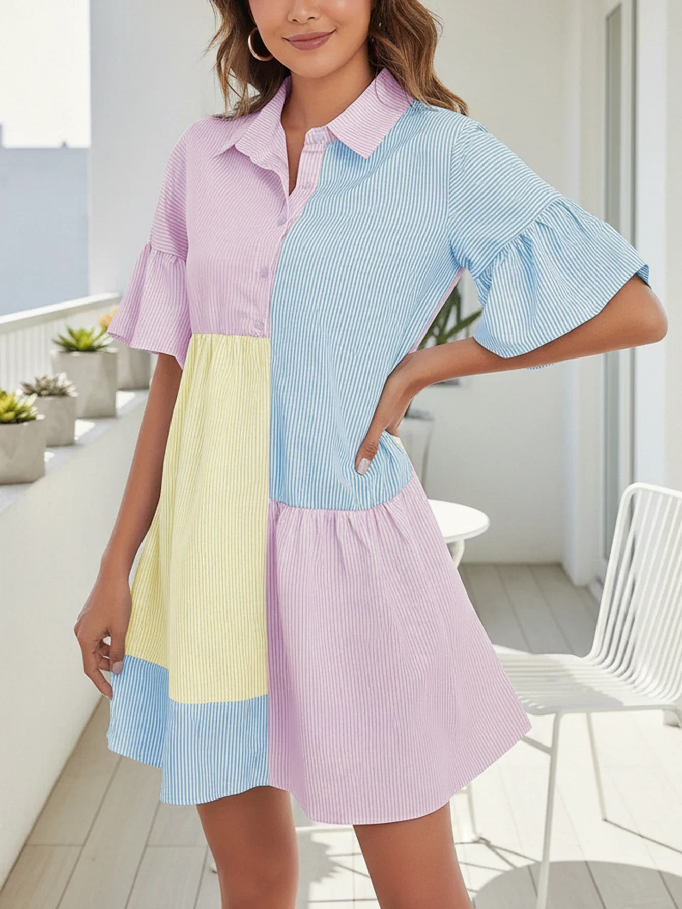 Women's Color Block Shirt Dress with Ruffle Sleeves and Collar, A-Line Mini Dress for Casual Wear
Women's Color Block Shirt Dress with Ruffle Sleeves and Collar, A-Line Mini Dress for Casual Wear
