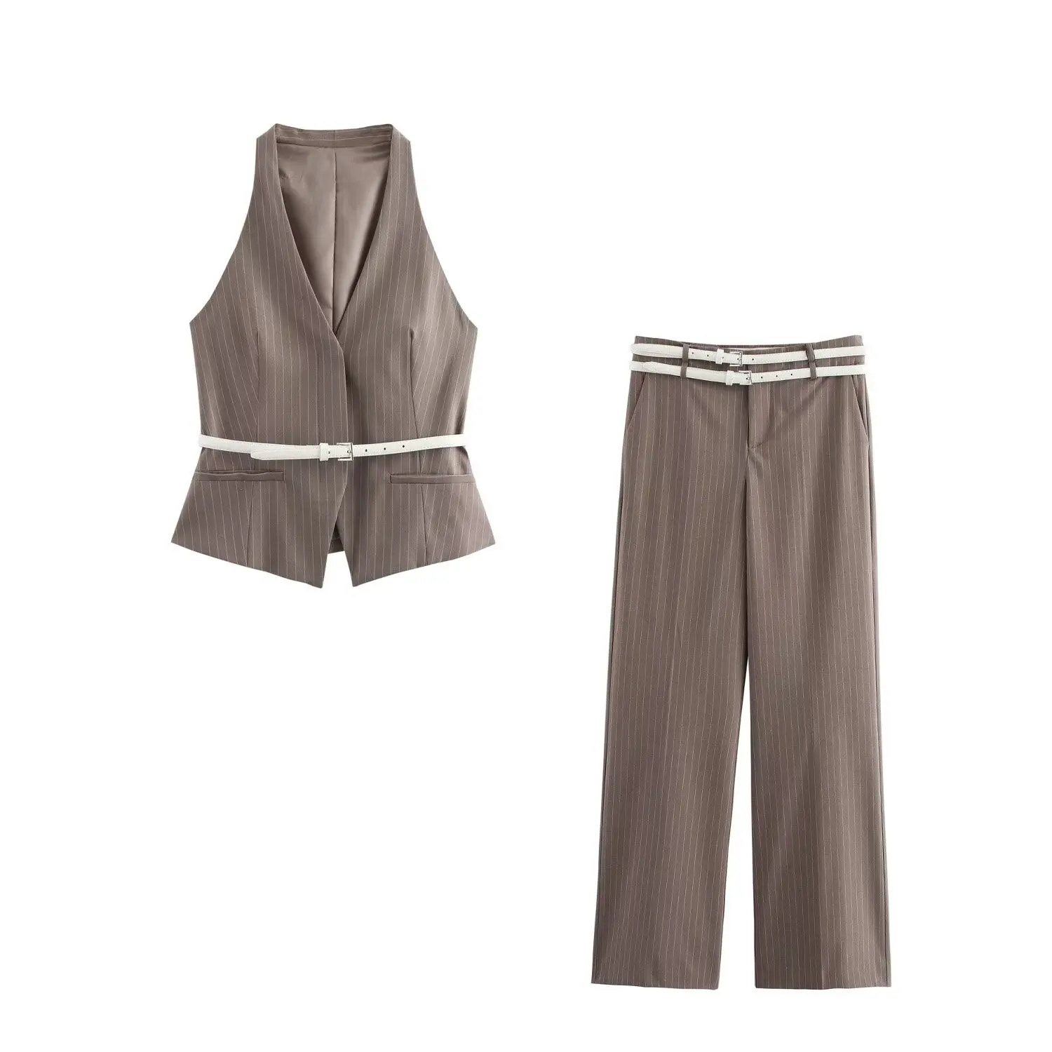 Stylish 2025 Taop&Za Women's Sleeveless Suit Set in Pin - stripe, Vest with Belt and Matching Wide - leg Trousers
Stylish 2025 Taop&Za Women's Sleeveless Suit Set in Pin - stripe, Vest with Belt and Matching Wide - leg Trousers