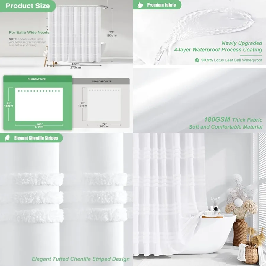 Extra Wide Shower Curtain - 108x72 Inch Width Tufted Chenille Striped Fabric Curtains for Bathroom Showers and Bathtubs, Shabby
Extra Wide Shower Curtain - 108x72 Inch Width Tufted Chenille Striped Fabric Curtains for Bathroom Showers and Bathtubs, Shabby