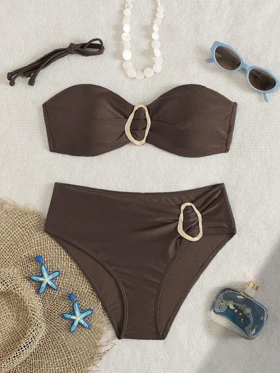 Women Solid Color Bandeau Bikini Two Pieces Set With Metal Ring Detail For Beach Vacation
Women Solid Color Bandeau Bikini Two Pieces Set With Metal Ring Detail For Beach Vacation