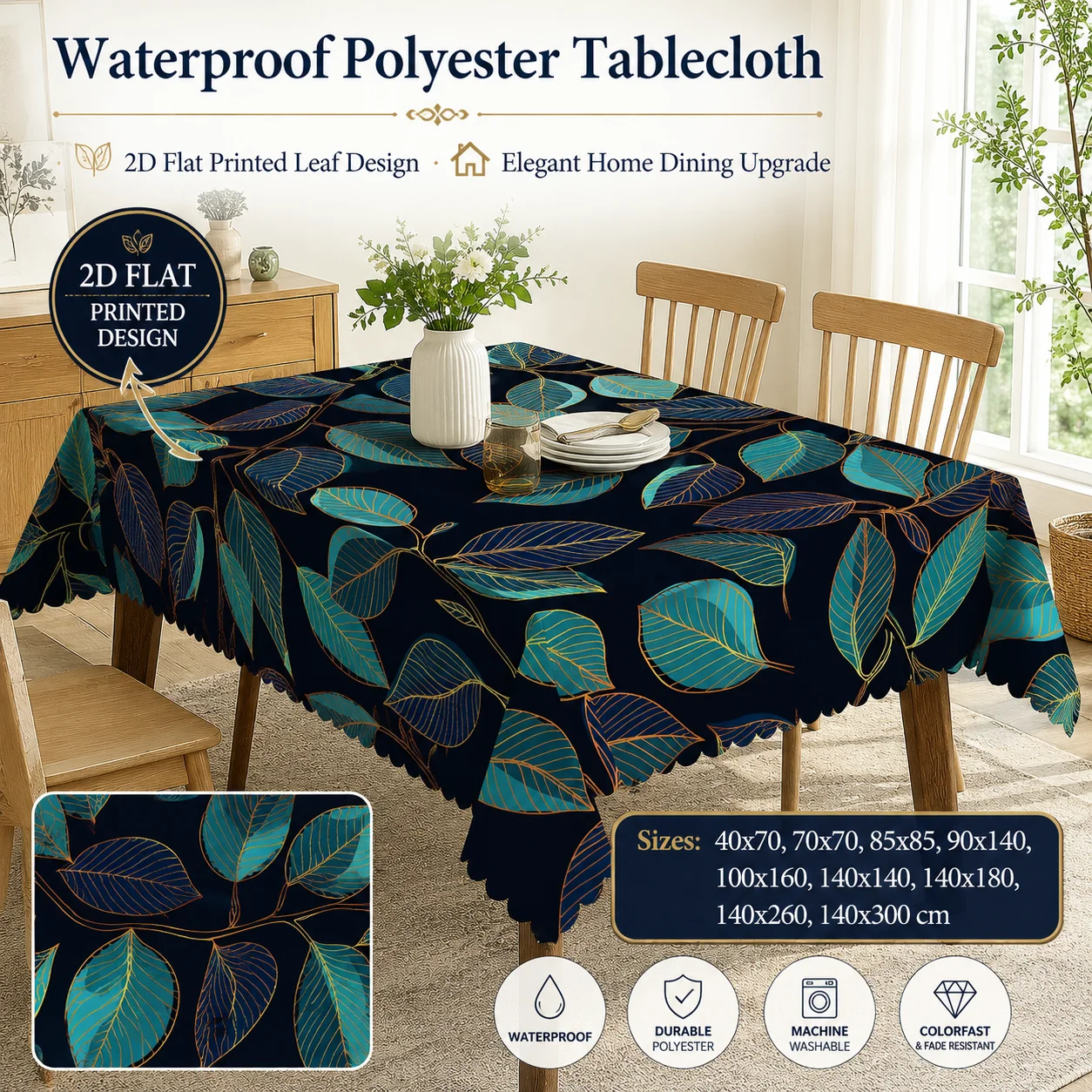 Elegant Leaf Print Waterproof Polyester Tablecloth 2D Flat Printed Rectangular Table Cover For Dining Room Kitchen Home Decor
Elegant Leaf Print Waterproof Polyester Tablecloth 2D Flat Printed Rectangular Table Cover For Dining Room Kitchen Home Decor