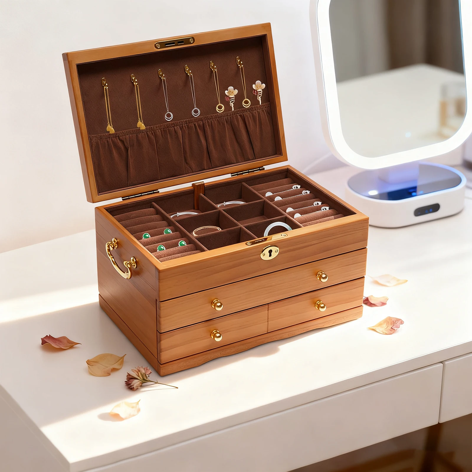 Desktop Wooden Jewelry Box, 3-tier Organizer with Lock, 6 Hooks Vintage Style Storage Box for Dresser, Nightstand, Bedroom
Desktop Wooden Jewelry Box, 3-tier Organizer with Lock, 6 Hooks Vintage Style Storage Box for Dresser, Nightstand, Bedroom