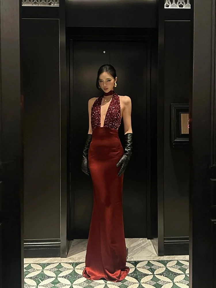 Syxatn Sexy Deep V Neck Sequin Hanging Neck Dress Women's Long Dress Backless Gown Spring Summer Elegant Slim Fit Party Dress
Syxatn Sexy Deep V Neck Sequin Hanging Neck Dress Women's Long Dress Backless Gown Spring Summer Elegant Slim Fit Party Dress