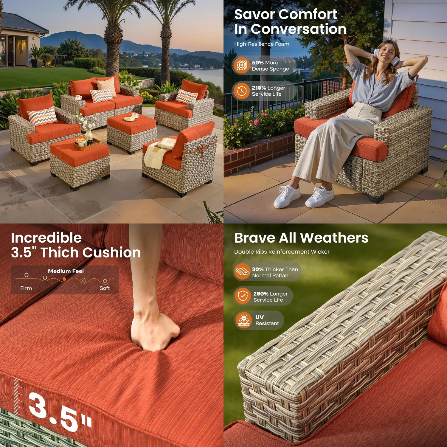 7pc Rattan Sectional Sofa Set Outdoor All Weather Cushions for Porch Balcony Pool Orange Customized
7pc Rattan Sectional Sofa Set Outdoor All Weather Cushions for Porch Balcony Pool Orange Customized