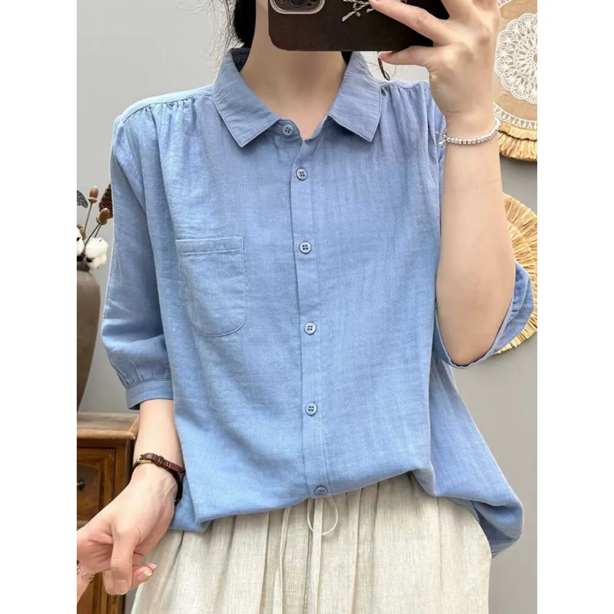 Women's plus Size Shirt Thin Short Sleeve Square Collar Outerwear Spring Summer New Style Comfortable Breathable Cotton Blend
Women's plus Size Shirt Thin Short Sleeve Square Collar Outerwear Spring Summer New Style Comfortable Breathable Cotton Blend