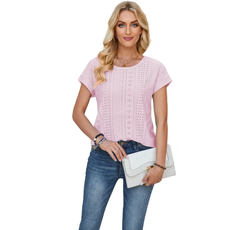 Summer Women's Loose Round Neck Solid Color T-shirt Fashion Beach Vacation Hollow Mesh Embroidered Casual Short Sleeve T-shirt
Summer Women's Loose Round Neck Solid Color T-shirt Fashion Beach Vacation Hollow Mesh Embroidered Casual Short Sleeve T-shirt