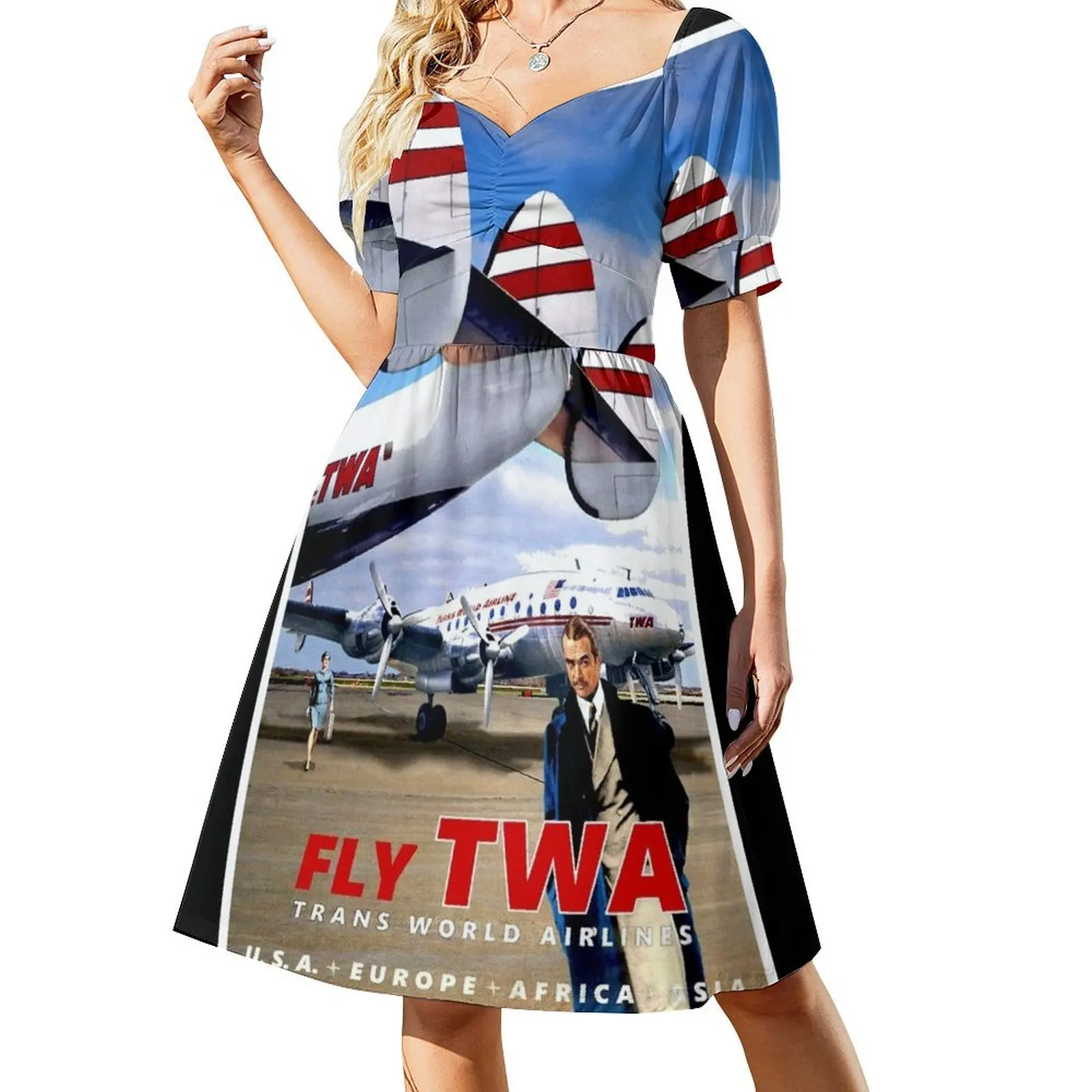 TWA : Trans World Airlines Vintage Advertising Print Short-Sleeved Dress Women's dress Cocktail of dresses
TWA : Trans World Airlines Vintage Advertising Print Short-Sleeved Dress Women's dress Cocktail of dresses