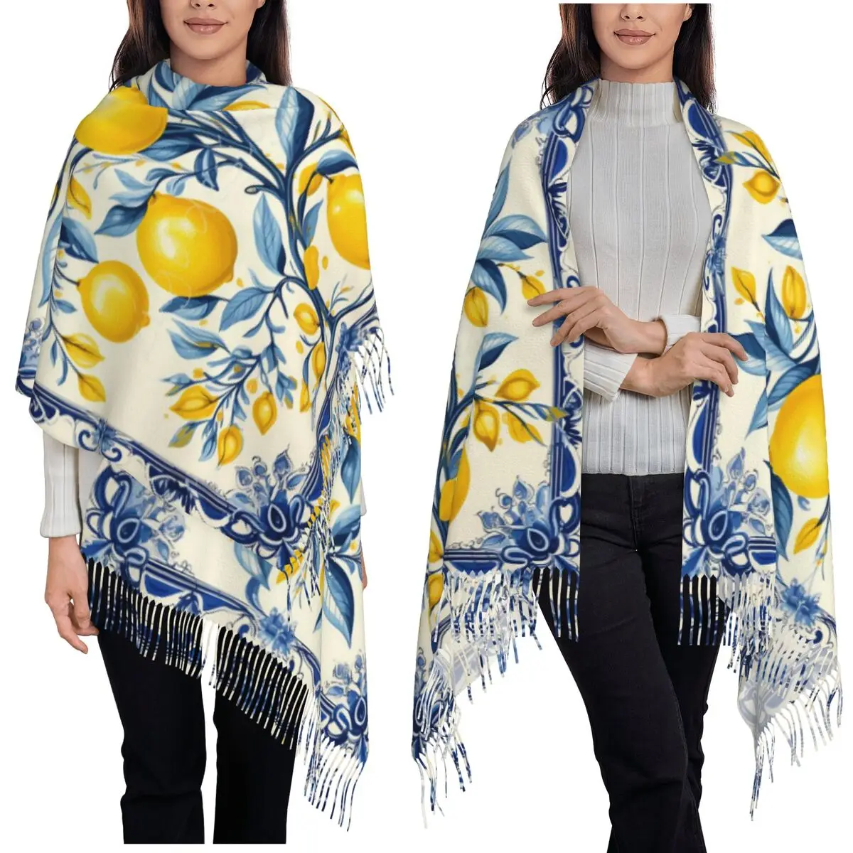 Модная средиземноморская лимонно-синяя керамическая плитка, летний шарф с фруктами цитрусовых, шарфы с кисточками, шали и накидки, длинная шаль 
Модная средиземноморская лимонно-синяя керамическая плитка, летний шарф с фруктами цитрусовых, шарфы с кисточками, шали и накидки, длинная шаль