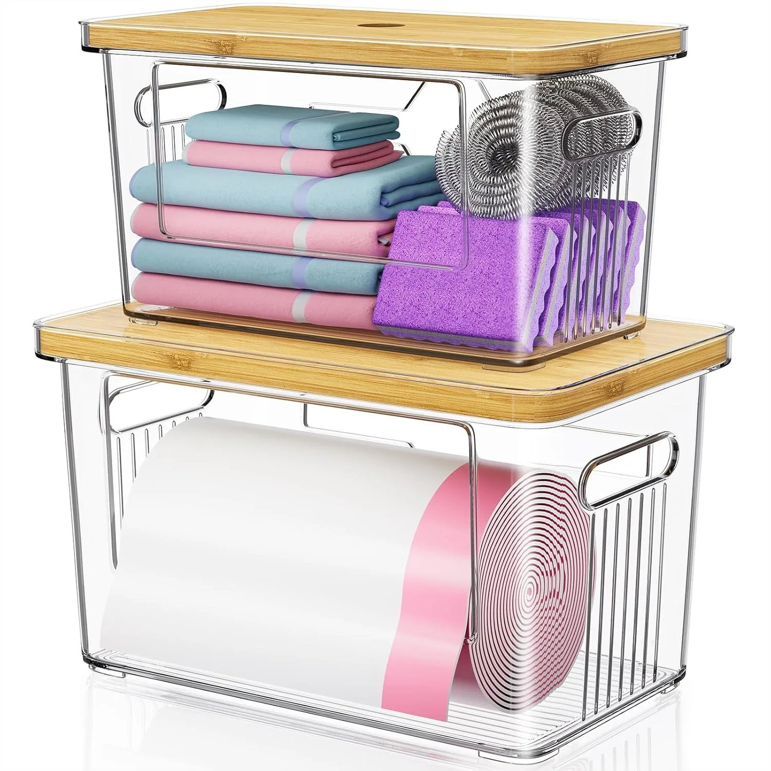2 Pack Trash Bag Holder with Bamboo Lid, Stackable Acrylic Dispenser Roll Holder for Under Sink Kitchen Pantry Organization
2 Pack Trash Bag Holder with Bamboo Lid, Stackable Acrylic Dispenser Roll Holder for Under Sink Kitchen Pantry Organization