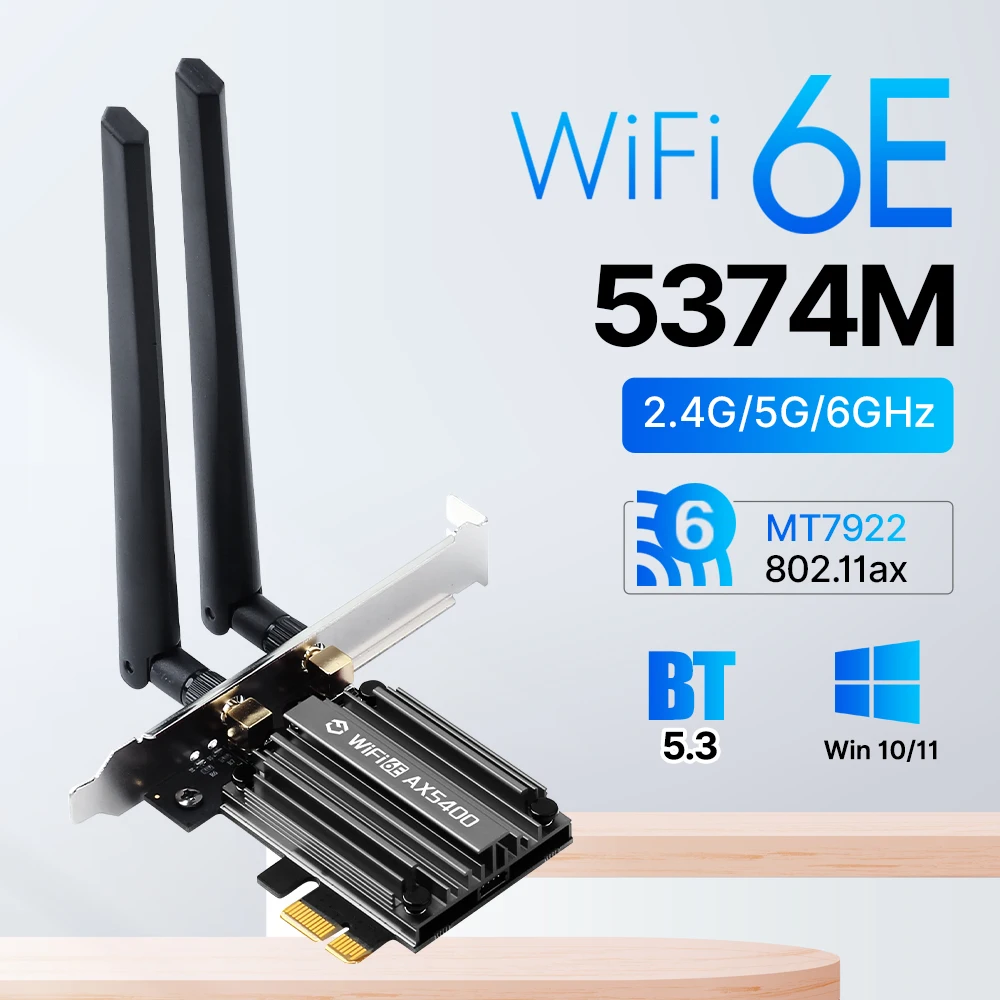 5374 Мбит/с PCIE WiFi-адаптер WiFi 6E BT 5,3 802.11AX Трехдиапазонная беспроводная сетевая карта Wi-Fi 6 ГГц/5 ГГц/2,4 ГГц для настольных ПК Win 10/11
5374 Мбит/с PCIE WiFi-адаптер WiFi 6E BT 5,3 802.11AX Трехдиапазонная беспроводная сетевая карта Wi-Fi 6 ГГц/5 ГГц/2,4 ГГц для настольных ПК Win 10/11