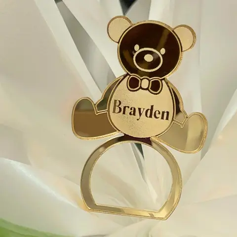 Anneau de serviette personnalisé en forme d'ours en peluche, étiquettes en acrylique, décorations d'anniversaire pour réception-cadeau pour bébé, décorations de serviettes de fête