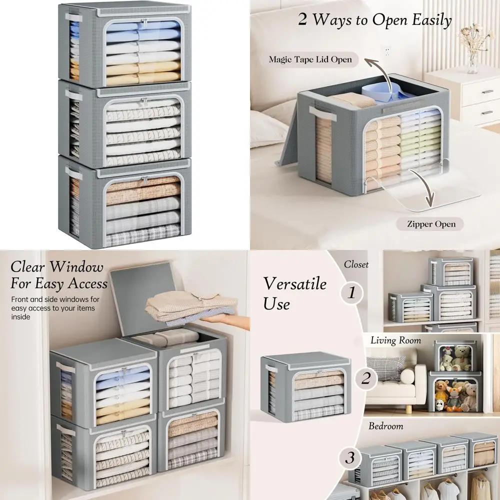 Metal Frame 40L Zippered Storage Bins with Clear Lid and PU Leather Handles for Clothes Organization
Metal Frame 40L Zippered Storage Bins with Clear Lid and PU Leather Handles for Clothes Organization