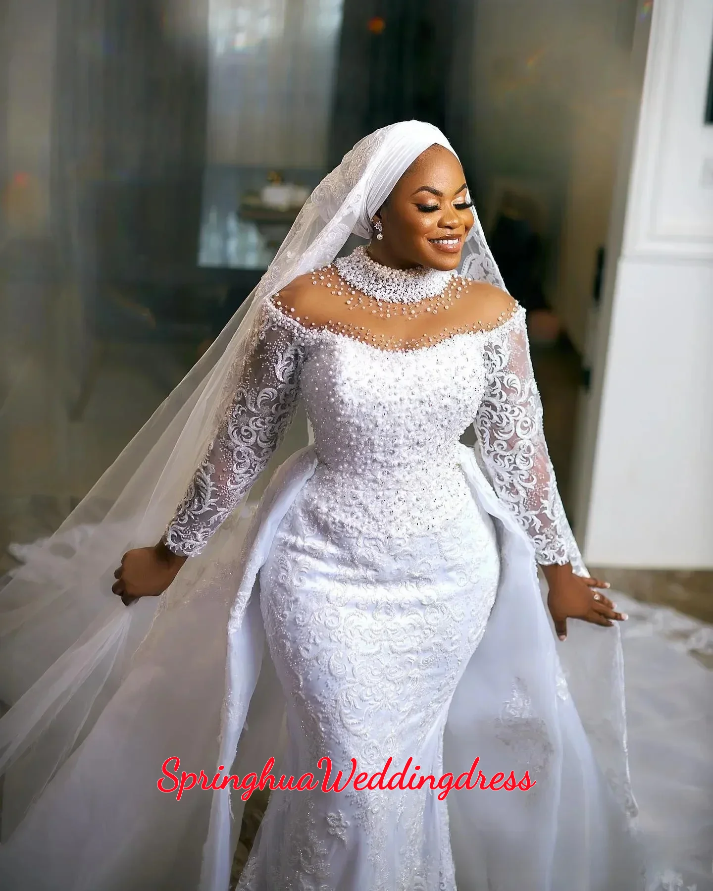 Customized Plus Size Arabic African Wedding Dress Bridal Gowns Detachable Train Mermaid Pearls Lace High Neck Vestidos De Novia
Customized Plus Size Arabic African Wedding Dress Bridal Gowns Detachable Train Mermaid Pearls Lace High Neck Vestidos De Novia