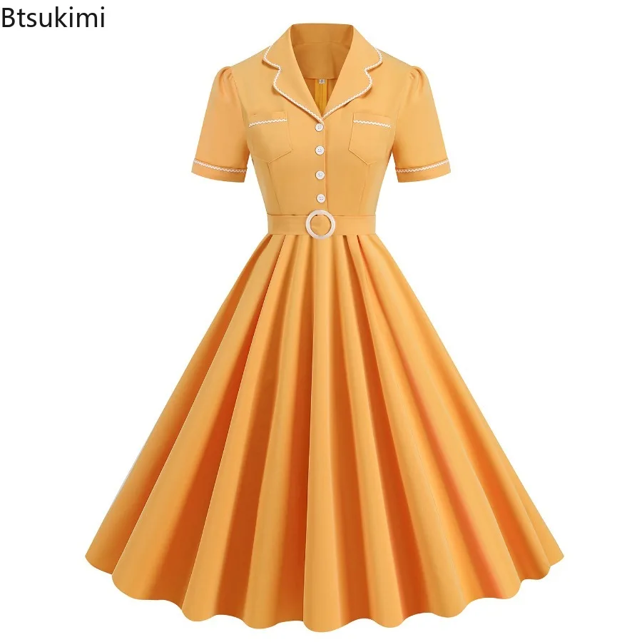 New 2025 Women's Vintage Notched Collar Pockets Solid Color Long Dresses Casual Summer Button Up Elegant Swing Dress for Women
New 2025 Women's Vintage Notched Collar Pockets Solid Color Long Dresses Casual Summer Button Up Elegant Swing Dress for Women