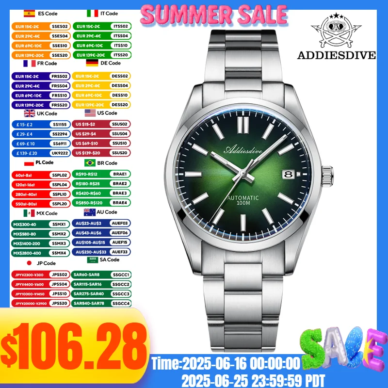 ADDIESDIVE 39mm Automatic Mechanical Watch Sunburst Dial Sapphire Glass 100m Diving 316L Stainless Steel Men's Watch
ADDIESDIVE 39mm Automatic Mechanical Watch Sunburst Dial Sapphire Glass 100m Diving 316L Stainless Steel Men's Watch