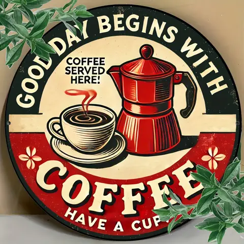 7.8" Diameter Vintage Round Aluminum Sign "Good Day Begins With Coffee" - Retro Kitchen Wall Art, Metal Coffee Cup & Pot Design