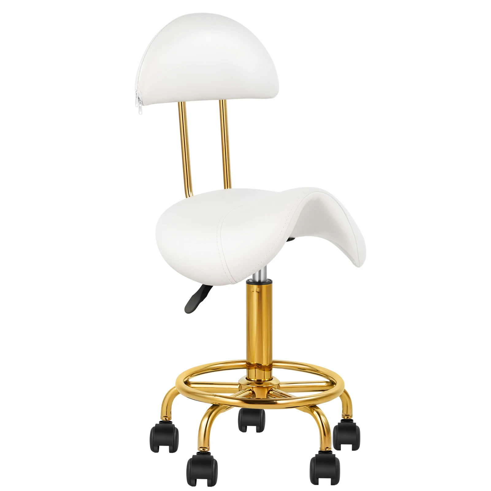 White Salon Stool with Backrest, Hydraulic Barbershop Stylist Chair with Wheels, Gold Metal Base
White Salon Stool with Backrest, Hydraulic Barbershop Stylist Chair with Wheels, Gold Metal Base