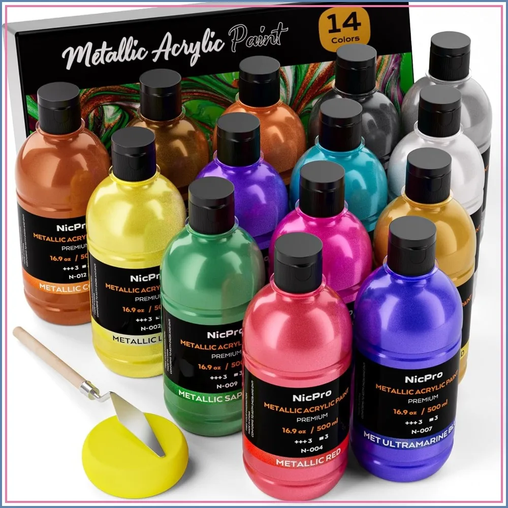 Metallic Acrylic Paint Set 14 Colors 500ml Bulk, Non Toxic Art Supplies for Canvas, Wood, Rock, Leather, Stone, Metal Craft
Metallic Acrylic Paint Set 14 Colors 500ml Bulk, Non Toxic Art Supplies for Canvas, Wood, Rock, Leather, Stone, Metal Craft