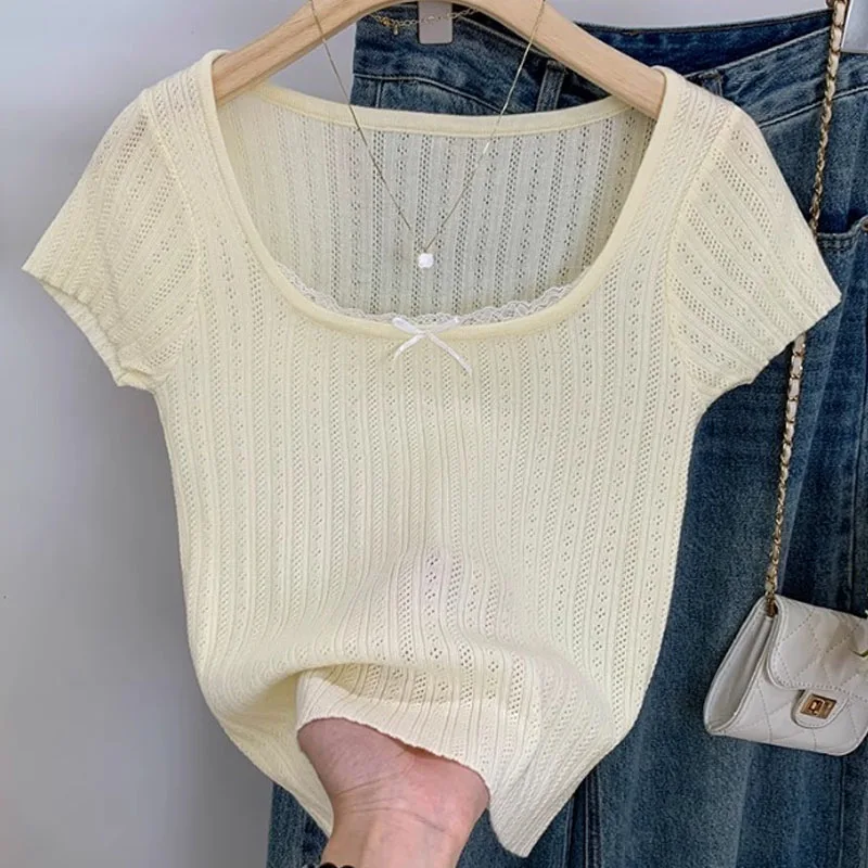 Knitted Sweater Women Pullovers Square Collar Sweaters Knit Sweater Pullover Women Tops Fashion Short Sleeve Bow Knitwears Q3600
Knitted Sweater Women Pullovers Square Collar Sweaters Knit Sweater Pullover Women Tops Fashion Short Sleeve Bow Knitwears Q3600