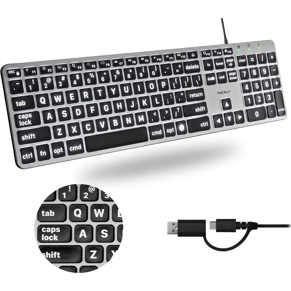 Full-Size Backlit USB-C Keyboard with Large Print Letters for Laptops and Tablets
Full-Size Backlit USB-C Keyboard with Large Print Letters for Laptops and Tablets