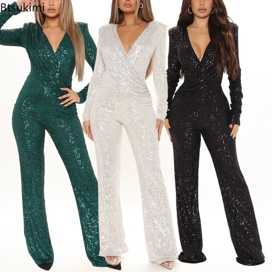 New Fashion Sequins Jumpsuit for Women Long Sleeve V-Neck Draped Spring and Autumn Rompers Celebrity Evening Party Club Overall
New Fashion Sequins Jumpsuit for Women Long Sleeve V-Neck Draped Spring and Autumn Rompers Celebrity Evening Party Club Overall